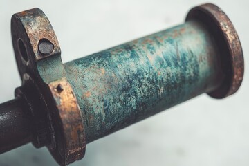 Close-up of a weathered metal pipe with rust and greenish patina, connected to a flange with a bolt.