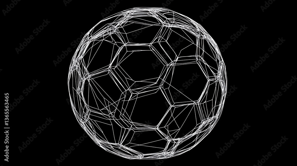 Poster a wireframe rendering of a soccer ball with pentagons and hexagons on a solid black background art