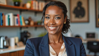Fototapeta premium A portrait headshot photo of a friendly professional CEO executive business worker: A smiling, confident Black woman in a professional navy suit and cream-colored blouse looks directly at the vie