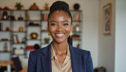 Obraz premium A portrait headshot photo of a friendly professional CEO executive business worker: A smiling Black woman in a professional navy blazer and beige shirt confidently poses indoors with a blurred bo