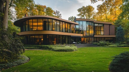 Fototapeta premium A modern house with a unique design and large windows surrounded by greenery