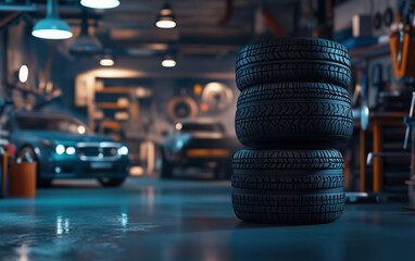 
Tires stacked on top of each other in the background there is an open car workshop with cars and tools, the scene takes place inside a modern garage. In front we see three tires stacked one above ano