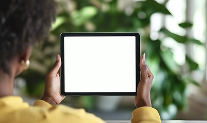 A mockup of a blank tablet screen in the hands of an African American person, sitting at a table with a green chroma key display, and a blurred background