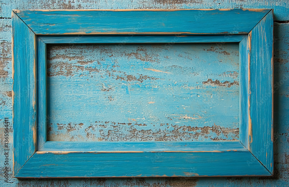 Poster a rectangular turquoise picture frame with a distressed finish on a matching blue background