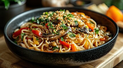Colorful Vegetable and Mushroom Stir-Fry Served on Noodles with Crunchy Flakes in Cozy Kitchen