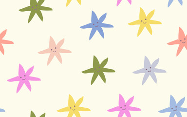 Fototapeta premium Trendy Minimalistic seamless pattern with vintage groovy smiling stars. Retro floral vector wallpaper surface design, textile, stationery, wrapping paper, cover. 60s, 70s, 80s style backdrop.
