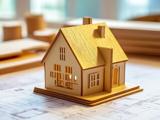 Wooden house model on blueprints, home design, construction, office background