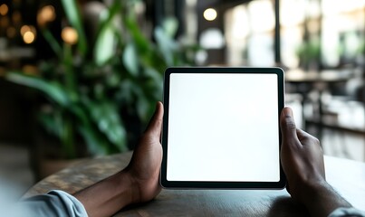 A mockup of a blank tablet screen in the hands of an African American person, sitting at a table with a green chroma key display, and a blurred background