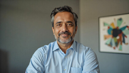 Obraz premium A portrait headshot photo of a friendly professional CEO executive business worker: A middle-aged man with graying hair and a trimmed beard looks directly at the viewer with a slight smile, weari