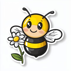 Naklejka premium Cute Cartoon Bee Holding Daisy Flower on White Background