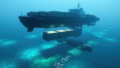 Futuristic Underwater Cargo Ship Levitation Technology in Alien Ocean