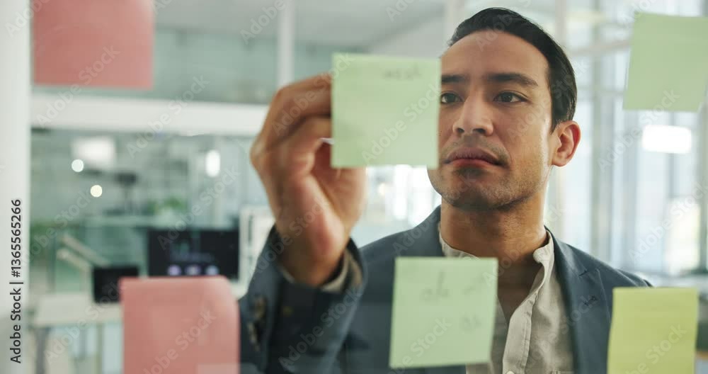 Poster office, businessman and writing with sticky note for ideas, brainstorming and project solution. glas