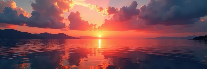 Fototapeta premium Sun dips below the horizon, casting long shadows across the water , rays, beach, evening