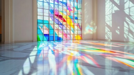 Colorful stained glass window casting vibrant light patterns on the interior marble floor