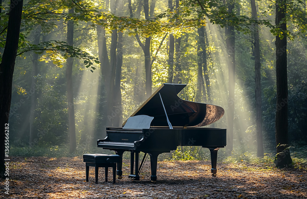 Poster a grand piano and stool sit in a forest clearing with sun rays filtering through the trees above it 
