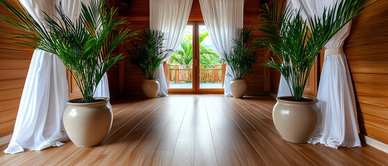 Fototapeta premium serene spa interior featuring bamboo decorations, soft white curtains, and lush green plants creates tranquil ambiance