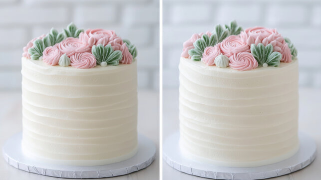beautiful minimal tiered cake adorned with floral design, showcasing delicate pink and green