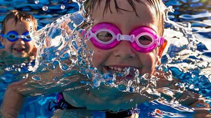 Young swimmer wearing bright pink goggles splashing and playing joyfully in sparkling blue pool water during sunny summer day, captured in vibrant slow motion sequence