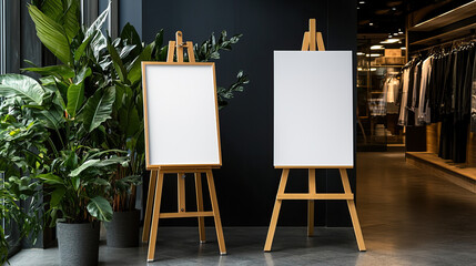 chic and stylish interior featuring two blank easels in luxury store, surrounded by lush greenery and modern atmosphere