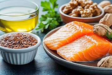 Fresh salmon with walnuts, flax seeds and healthy oil promoting omega 3 fatty acids