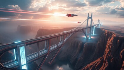 Futuristic Canyon Bridge Glowing Pillars & Flying Vehicles