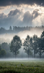 Fototapeta premium serene forest landscape shrouded in early morning fog, with soft light filtering through trees, creating tranquil atmosphere