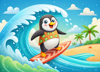 Obraz premium cheerful cartoon penguin surfing on giant wave, wearing colorful shirt, surrounded by palm trees and sunny beach
