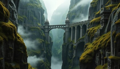 Ancient Stone Bridge Spanning Misty Canyon Medieval Architecture
