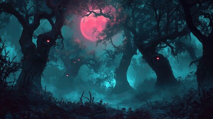 Eerie Forest Path Under Crimson Moon Mystical Night Scene with Glowing Eyes in the Trees