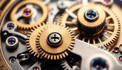 Intricate Clockwork Mechanism Close-Up of Polished Brass Gears and Sapphire Bearings
