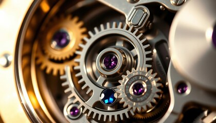 Intricate Clockwork Mechanism Close-Up of Polished Brass Gears and Sapphire Bearings