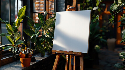 vintage street artist setup features blank canvas on easel surrounded by lush greenery, creating serene atmosphere