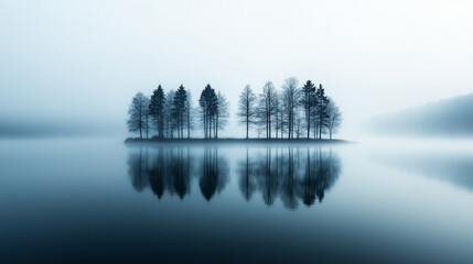Fototapeta premium Wide-angle perspective of a dense fog over a lake at dawn, with only silhouettes of trees visible through the mist, creating a mysterious and serene atmosphere