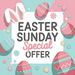 A cheerful Easter Sunday discount post with a bright pastel background featuring soft pink, baby blue, and mint green. Decorative Easter eggs with intricate patterns, fluffy bunny ears peeking from th