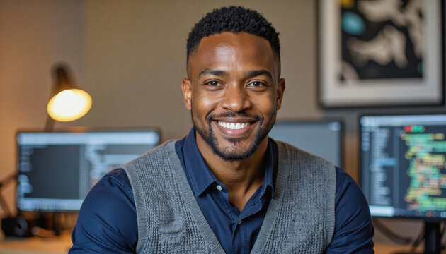 A portrait headshot photo of a friendly professional CEO executive business worker: A smiling Black man with a short haircut and neatly trimmed beard sits in front of computer monitors, appearing