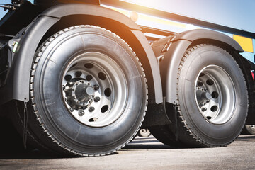 Obraz premium Truck Wheels Tires. Big rig, Semi Trailer Truck Wheels. Freight Truck Logistics Transportation. 