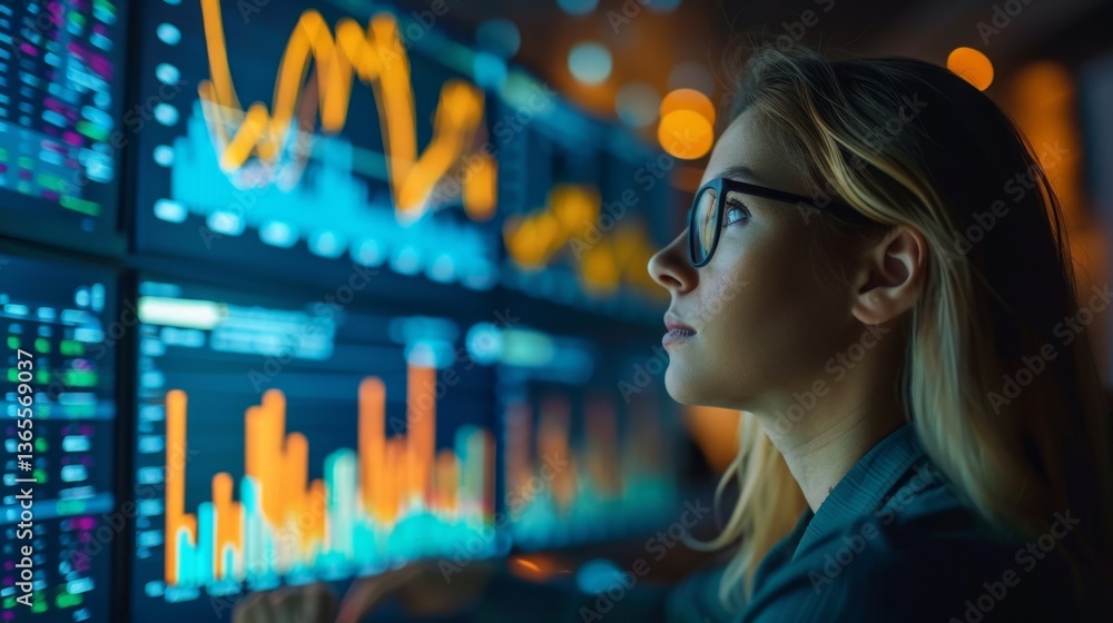 Poster business analyst reviewing metrics and trends on multiple data visualization screens in a modern off