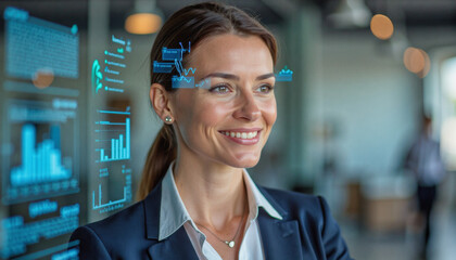 A portrait headshot photo of a friendly professional CEO executive business worker: A smiling businesswoman with light-brown hair gazes thoughtfully into the distance, overlaid with holographic d