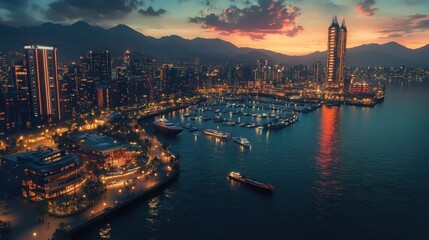 Fototapeta premium Aerial view of a harbor city at dusk with illuminated skyline