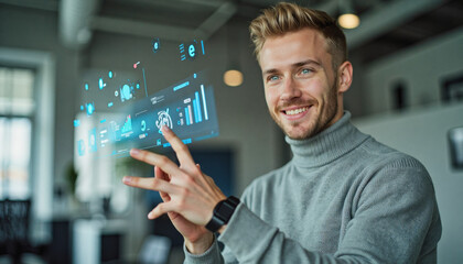 A portrait headshot photo of a friendly professional CEO executive business worker: A smiling young man with blond hair interacts with a holographic display of data visualizations in a modern off