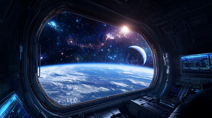 A wide-angle view of a wide-open space station window showing the vastness of outer space, with distant stars and planets, as astronauts work inside the station