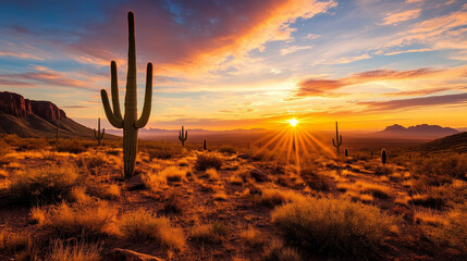Wide-angle shot of a picturesque desert sunset, with orange and pink skies, scattered cacti, and rugged rock formations creating a breathtaking desert landscape