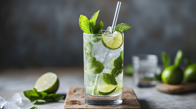 Refreshing Virgin Mojito with Fresh Mint and Lime in a Clear Glass on a Rustic Wooden Table