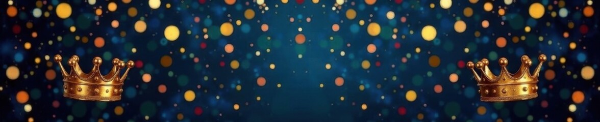Scattered golden crowns, dark navy backdrop, festive confetti burst , photography, background