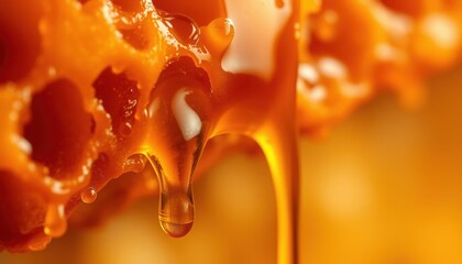 Golden Honey Dripping from Honeycomb Macro Photography