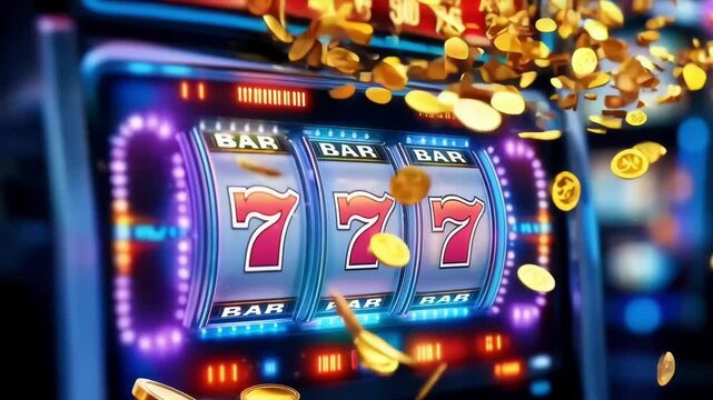 Slot machine jackpot with flying coins.
