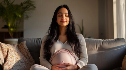 A serene Indian pregnant woman sits cross-legged on a comfortable sofa, with ethnic throw blankets and cushions, natural light illuminating her peaceful expression in a modern livi