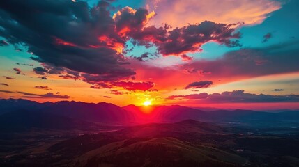 Aerial view of the sun setting over mountains at dusk with colorful skies