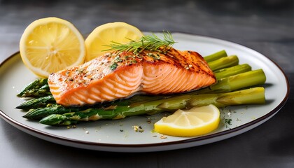 grilled salmon fillet served with asparagus and lemon slices showcasing a deliciously healthy meal option on a stylish plate