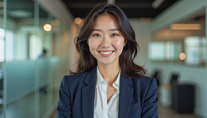 Obraz premium A portrait headshot photo of a friendly professional CEO executive business worker: A smiling Asian businesswoman in a navy suit and white shirt confidently poses in a modern office hallway.
